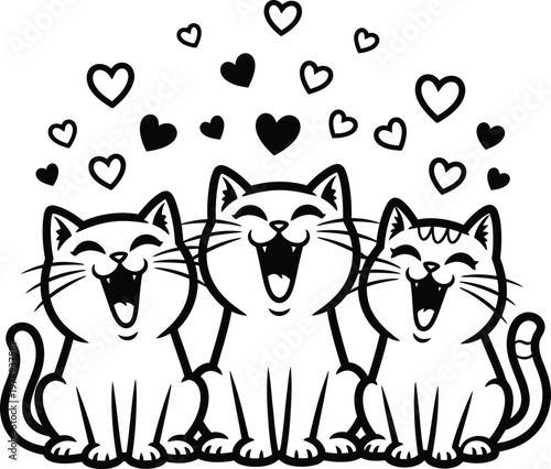 Three happy cats with hearts a whimsical black and white illustration