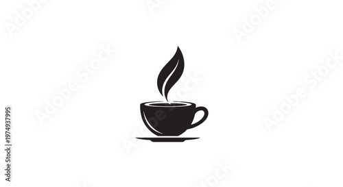 A minimalist black and white illustration of a steaming coffee cup with a leaf-shaped wisp of smoke rising from it.