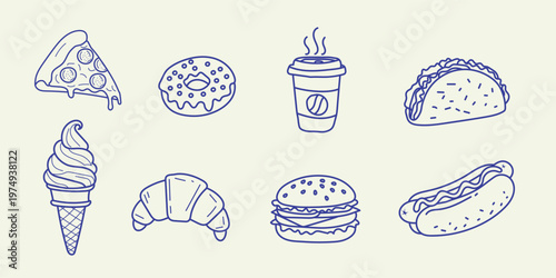 Coffee Donut Burger Fast Food Hand Drawn Illustration Set Vector