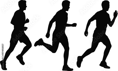 Running man silhouette set, athlete jogging sprint pose collection isolated vector fitness training illustration