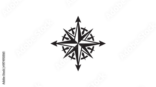 A black and white graphic illustration of a compass rose with eight main points and intricate detailing.