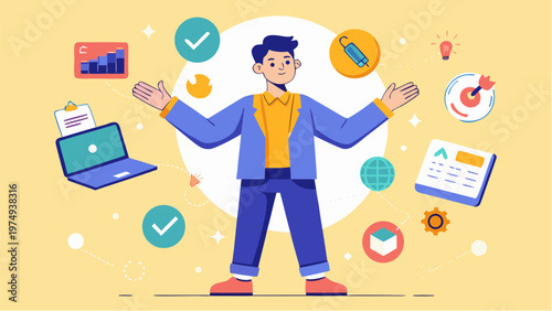 Freelancer managing multiple tasks with digital tools, solo economy lifestyle and productivity concept illustration