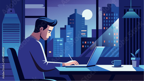 Man working on laptop at night in modern office with city skyline view, moonlight through window, focused remote worker illustration