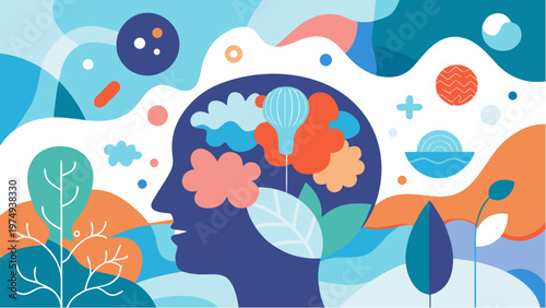 Abstract illustration of human head with brain, flowers and nature elements, mental health wellness and mindfulness concept