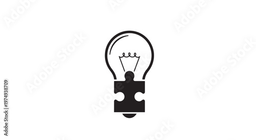 A black and white illustration of a light bulb with a puzzle piece integrated into its base, symbolizing ideas and problem-solving.