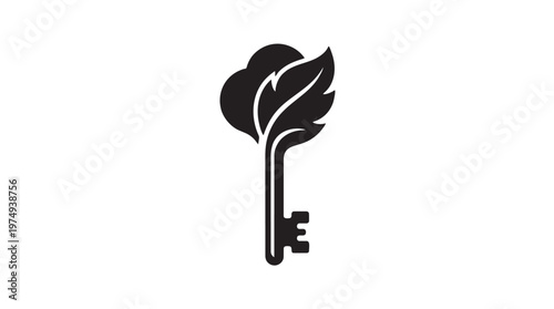 A stylized black silhouette of a key with a leaf and cloud motif at the top, symbolizing nature and access.