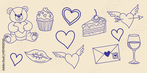 Hand Drawn Fast Food Doodle Set Coffee Donut Burger Croissant Vector
