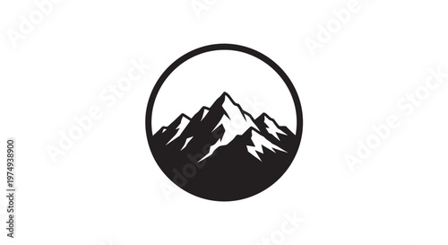 A minimalist black and white vector illustration of a rugged mountain range with sharp peaks, enclosed within a perfect circular frame, symbolizing adventure and nature.