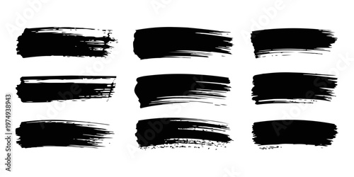 A collection of nine distinct hand-drawn black ink brush strokes vector elements, perfect for adding an artistic grunge texture to creative design projects.