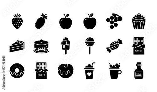 Elegant sweet icons set with desserts fruits candy and beverage symbols premium filled vector isolated on white