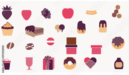 Modern sweet icons collection with desserts fruits candy and beverage symbols filled vector isolated on white