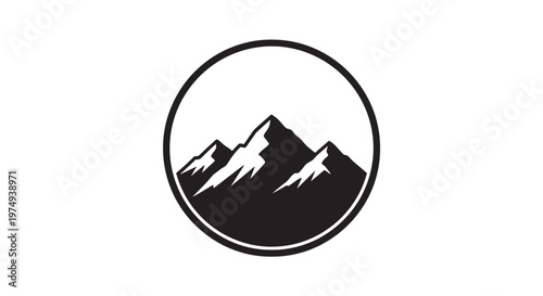 Minimalist black and white vector illustration of three jagged mountain peaks with snow caps, enclosed within a perfect circular frame, symbolizing nature and adventure.