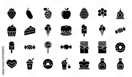 Sweet filled icons set with desserts fruits candy and beverage symbols vector isolated on white