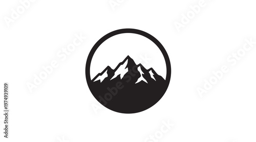 A minimalist black and white circular logo featuring a silhouette of jagged mountain peaks against a white background.