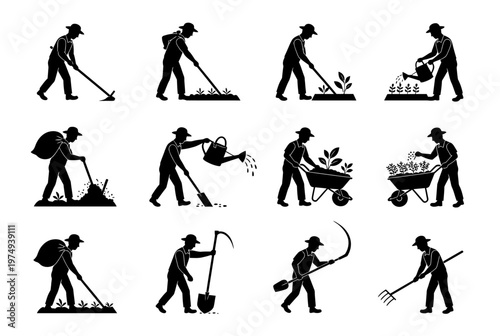 A man is gardening with various tools in a field outdoors actively.