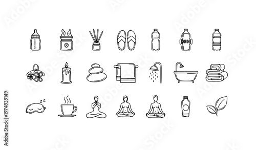 Elegant relax outline icons set with wellness spa self care and lifestyle symbols premium vector isolated on white