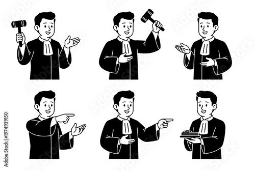 A judge in various poses holding different objects in a courtroom setting.