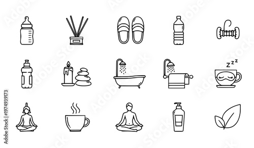 Relax outline icons set with wellness spa self care and lifestyle symbols vector isolated on white