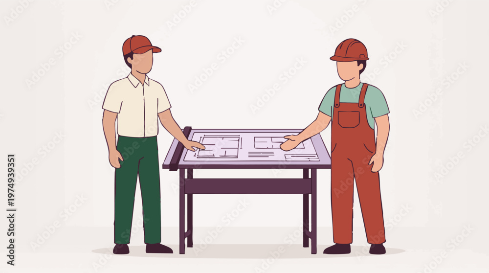 Fototapeta premium Architect and construction worker discussing blueprints on a drafting table