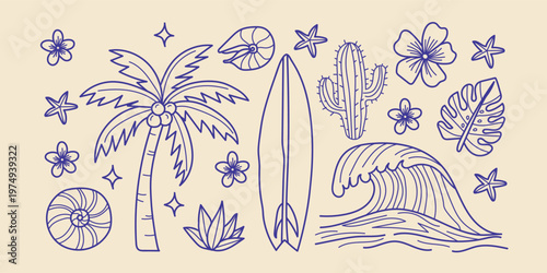 Summer Beach Doodle Elements Hand Drawn Tropical Surf Illustration Vector
