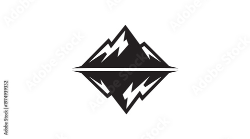 A striking black and white graphic design featuring a stylized mountain peak reflected symmetrically below a horizontal line.