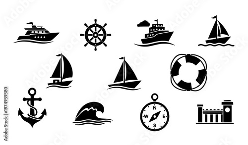 Modern yacht icons collection with boat sailboat ship and marine symbols filled vector isolated on white