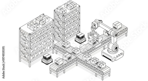 Automated Warehouse Isometric Line Art Illustration - Smart Logistics, Robotic Fulfillment Center, Industry 4.0 Supply Chain and Sorting System