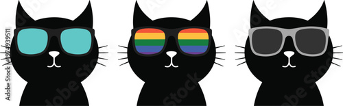 Cool cat with sunglasses set, black kitten wearing glasses isolated vector trendy pet illustration