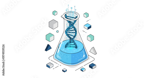 Isometric Biotechnology Illustration: DNA Helix in Laboratory Flask with Digital Data Elements for Genetic Engineering, Bioinformatics, and Modern Scientific Research Concepts
