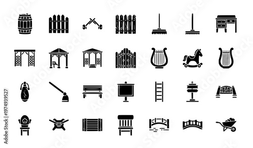 Elegant wooden icons set with barrel fence furniture and rustic wood objects premium filled vector isolated on white