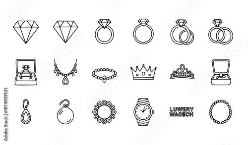 Jewelry outline icons set with diamond ring necklace and luxury accessories vector isolated on white