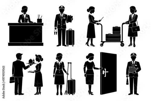 Hotel staff assist travelers with luggage at airport check-in and reception
