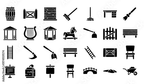 Modern wooden icons collection with barrel fence furniture and rustic wood objects filled vector isolated on white