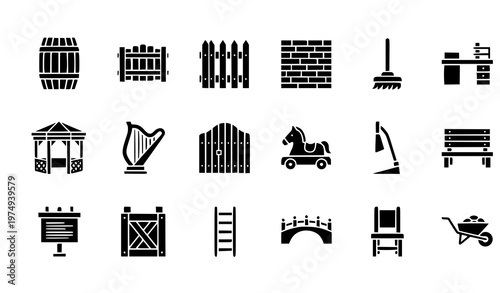 Wooden filled icons set with barrel fence furniture and rustic wood objects vector isolated on white