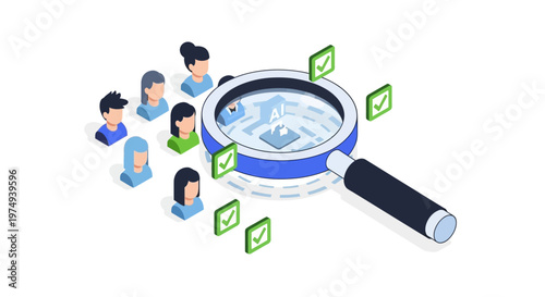 AI Recruitment and Candidate Screening Concept: Isometric Illustration of Talent Acquisition Using Artificial Intelligence