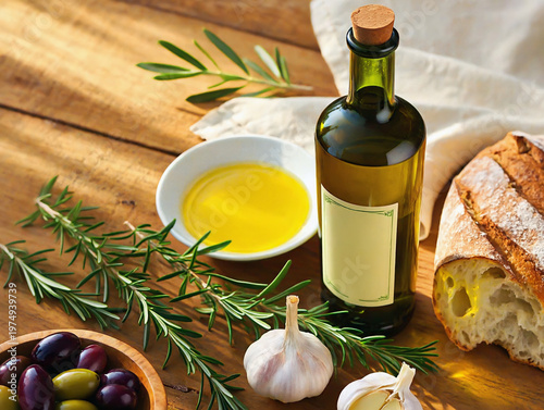 Rustic Mediterranean table with a bottle of cold pressed oil, fresh rosemary and garlic beside a crusty bread and a bowl of olives. Wholesome, flavorful essence of a traditional, rural healthy lunch