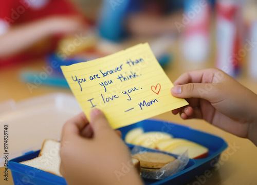 Closeup child hands holding a sticky note found inside his lunchbox, with a support message from Mom, offering a sweet boost of confidence for the school day. Tender moment of mother love