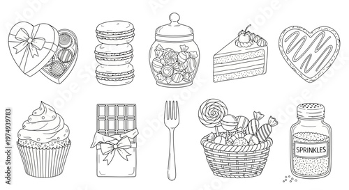 A delightful collection of confectionery and baked goods, featuring chocolates, macarons, cupcakes, and a slice of cake