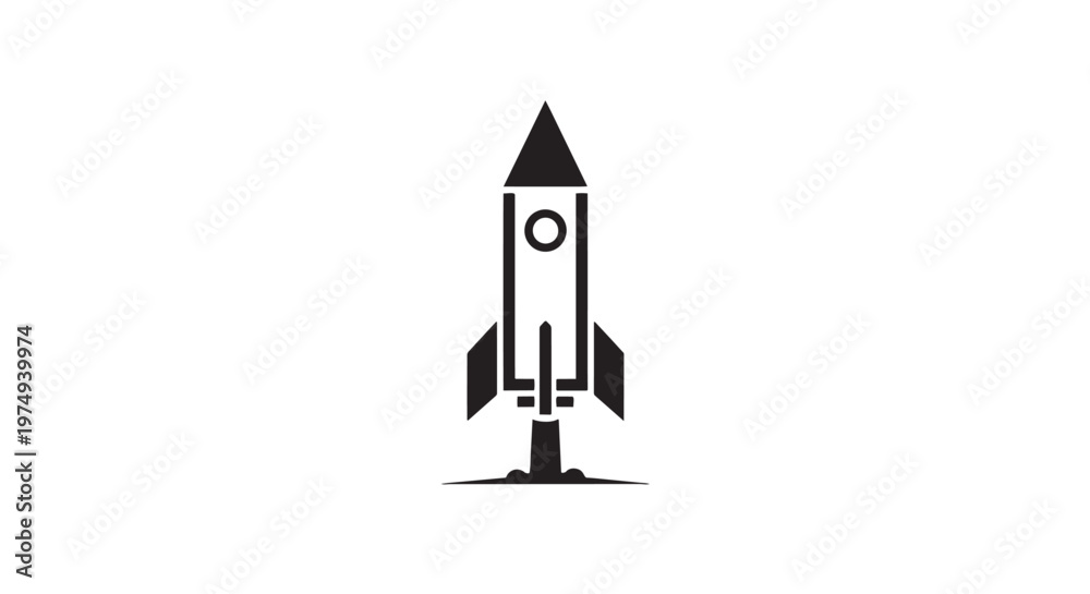 Fototapeta premium A minimalist black and white illustration of a rocket ship launching from a platform, symbolizing space exploration and technological advancement.