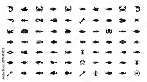 Set of 90 Black Seafood and Fish Icons Vector