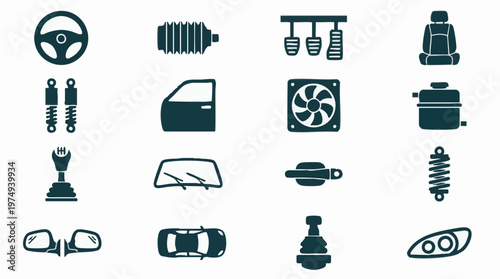 Collection of automotive parts and vehicle components icons set