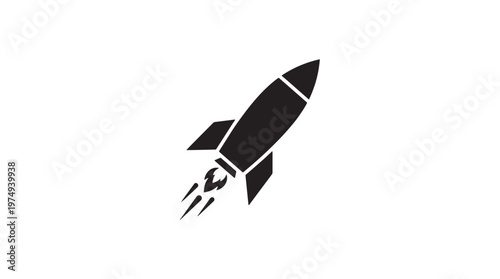 A black silhouette of a rocket ship blasting off into space with fiery exhaust plumes trailing behind it.