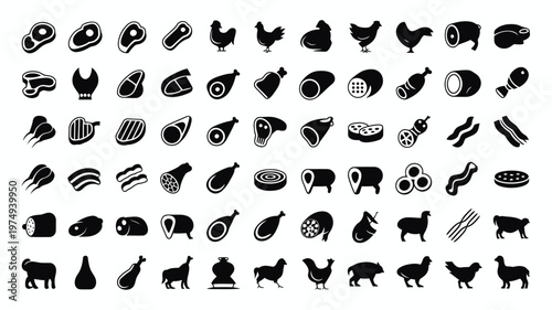Set of 64 Black Meat and Poultry Icons Vector