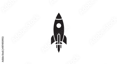 A stylized black silhouette of a retro-futuristic rocket ship blasting off with fiery exhaust, set against a clean white background.