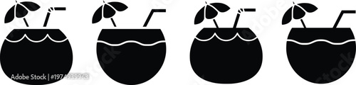 Coconut drink icon set with straw and umbrella, tropical cocktail silhouettes vector illustration.