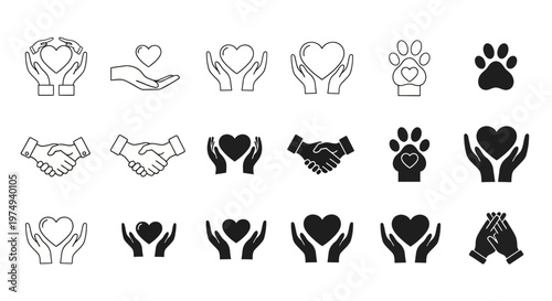 Vector icon set symbolizing compassion, community, and animal welfare through hearts, helping hands, and pet paw designs for charity and support initiatives