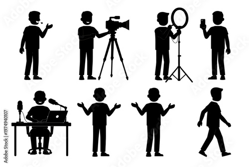 A group of people are engaged in various activities with recording equipment and media devices.