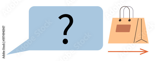 E-commerce, online shopping, customer support, digital purchasing, order inquiry, communication. Speech bubble with question mark and a shopping bag. E-commerce and online shopping concept