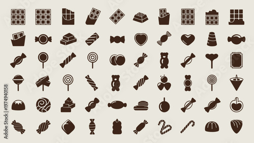 Set of 60 Brown Chocolate and Candy Flat Icons Vector