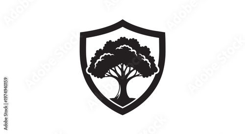A black and white shield emblem featuring a stylized oak tree with a thick trunk and sprawling branches, symbolizing strength and nature.